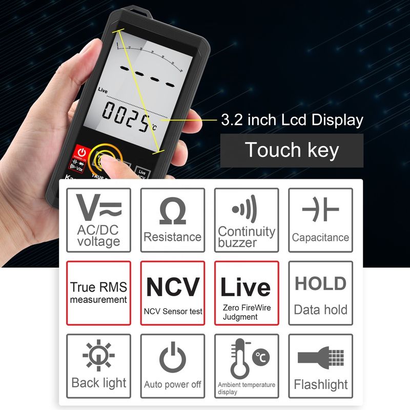صفحه نمایش بزرگ اتوماتیک لمسی دیجیتال مولتی متر RMS دیجیتال واقعی مولتی متر AC DC ولتاژ مینی جیبی مولتی متر