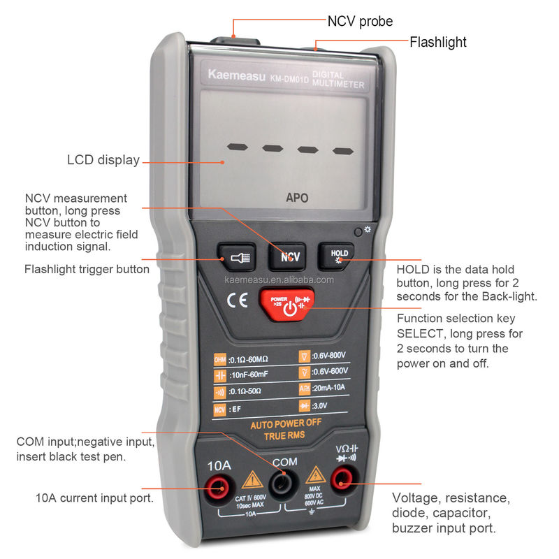 6000 شمارش DC / AC مقاومت ظرفیت NCV T-RMS سیم زنده / سیم صفر اندازه گیری دیجیتال مولتی متر