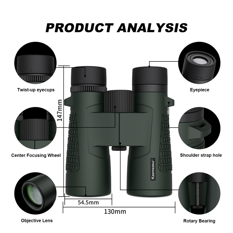 دوربین دوچشمی ضدآب Kaemeasu C Model Green Color 10x42 HD برای بزرگسالان، دوربین دوچشمی برای تماشای پرندگان و پیاده‌روی، اپتیک با منشور BAK4، بدنه آلیاژ منیزیم ضد ضربه، دید واضح و روشن